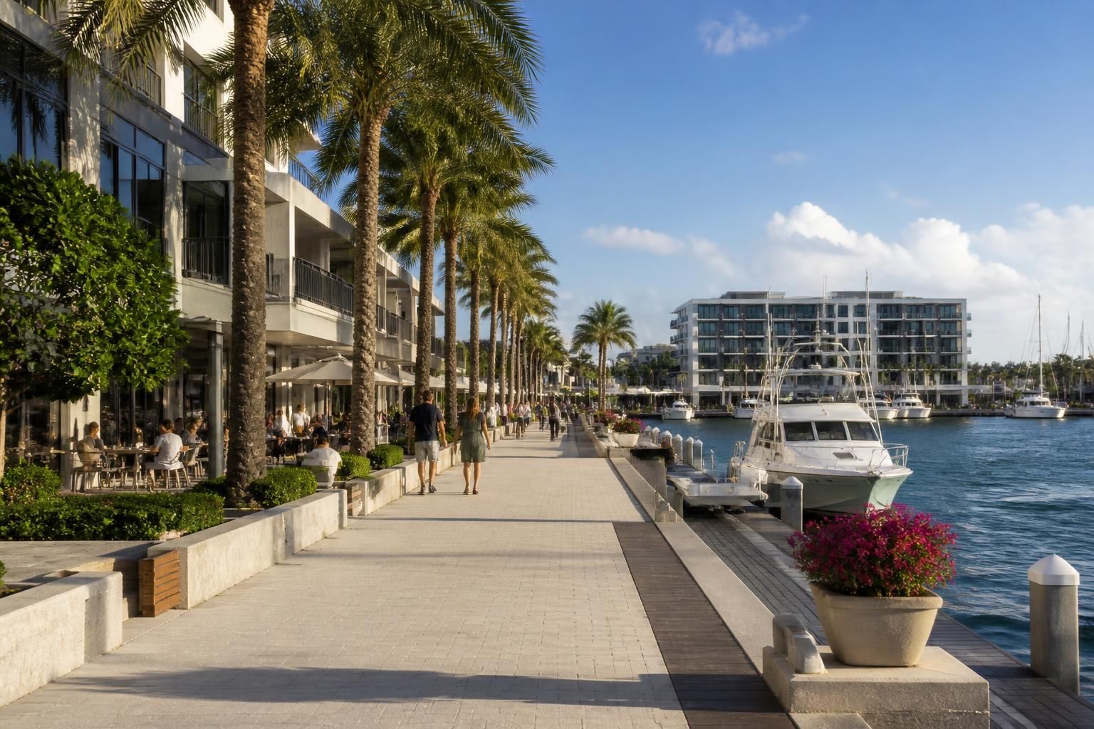 Modern waterfront district with landscaped walkways in Camana Bay