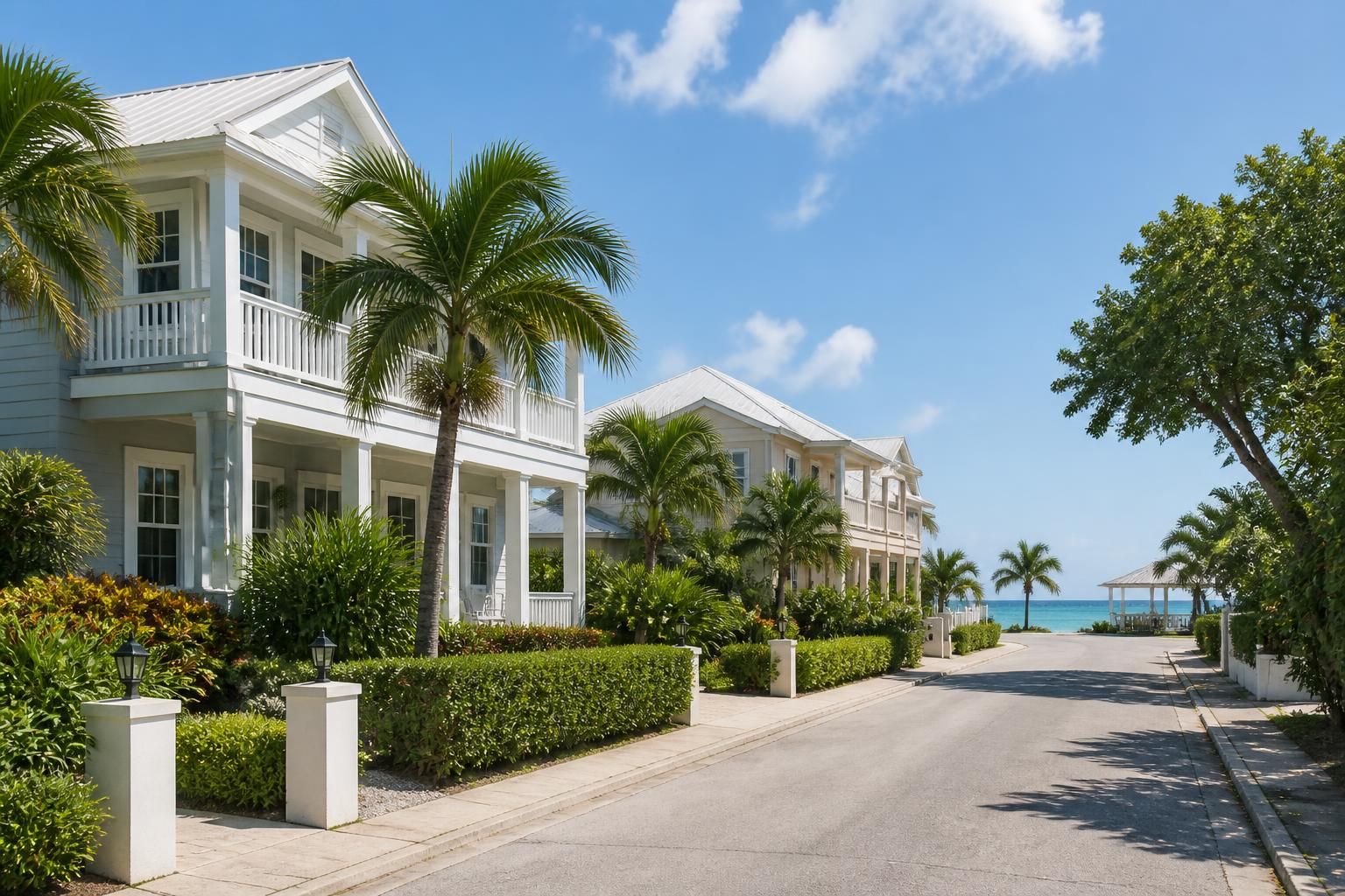 Upscale coastal neighborhood with palm trees in George Town