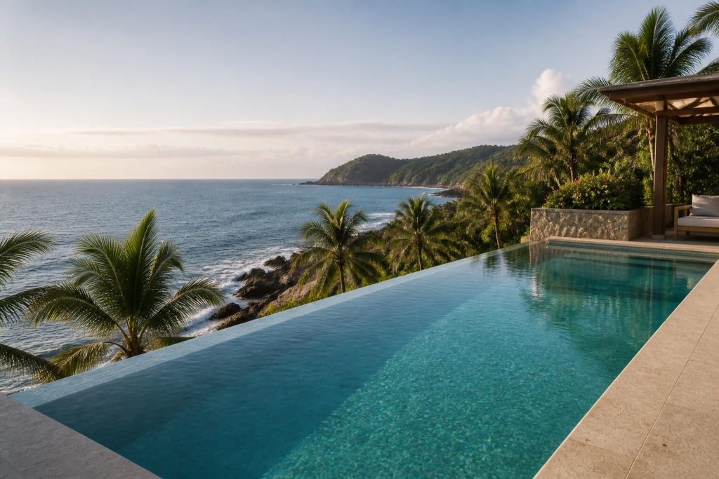 Luxury infinity-edge pool with stone coping and tropical resort setting