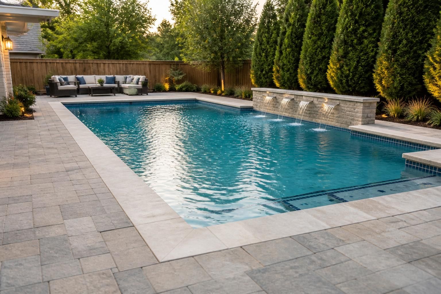 Renovated backyard pool with updated tile, coping, and deck surfaces