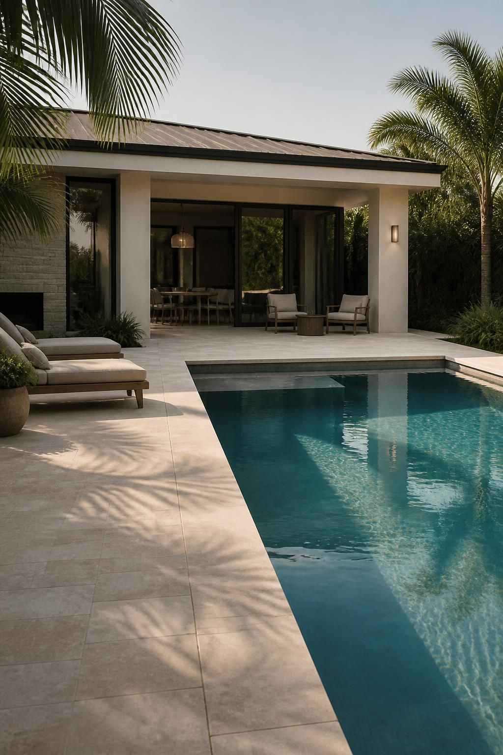 Modern pool terrace with finished pool and soft tropical landscaping
