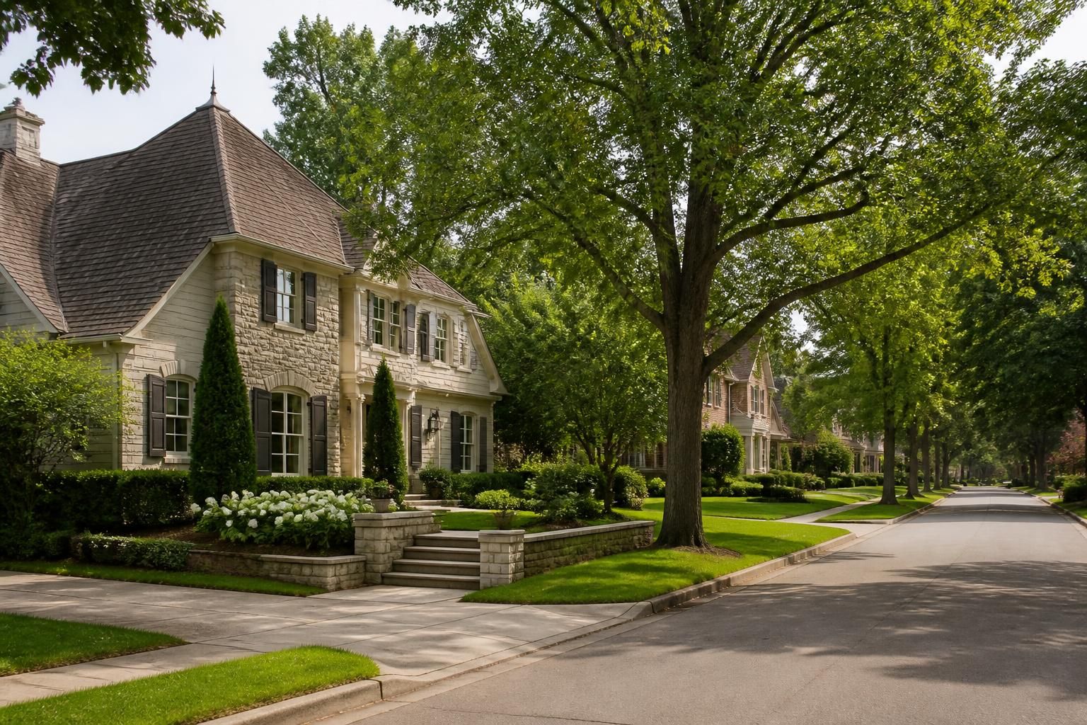 Upscale neighborhood street with elegant homes in Prospect