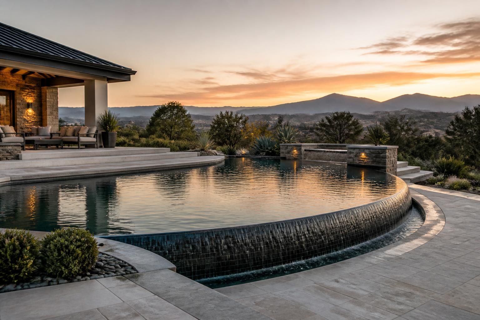 Resort-style pool with spillover edge and elegant hardscape