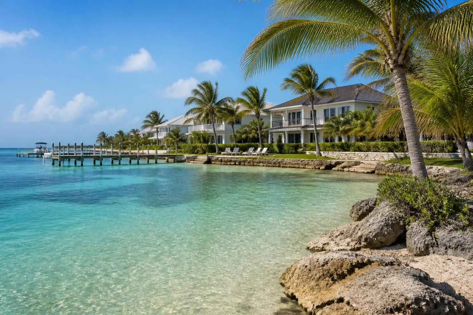 Luxury waterfront homes with palms and clear shallows at Rum Point and Cayman Kai