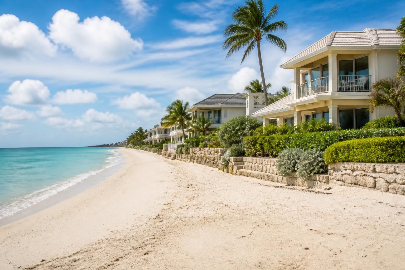 Elegant beachfront homes near calm turquoise water at Seven Mile Beach
