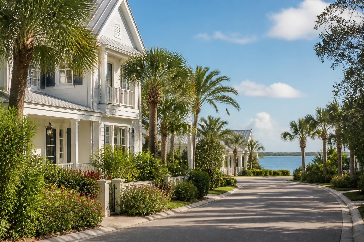 Tropical residential street with refined homes in West Bay